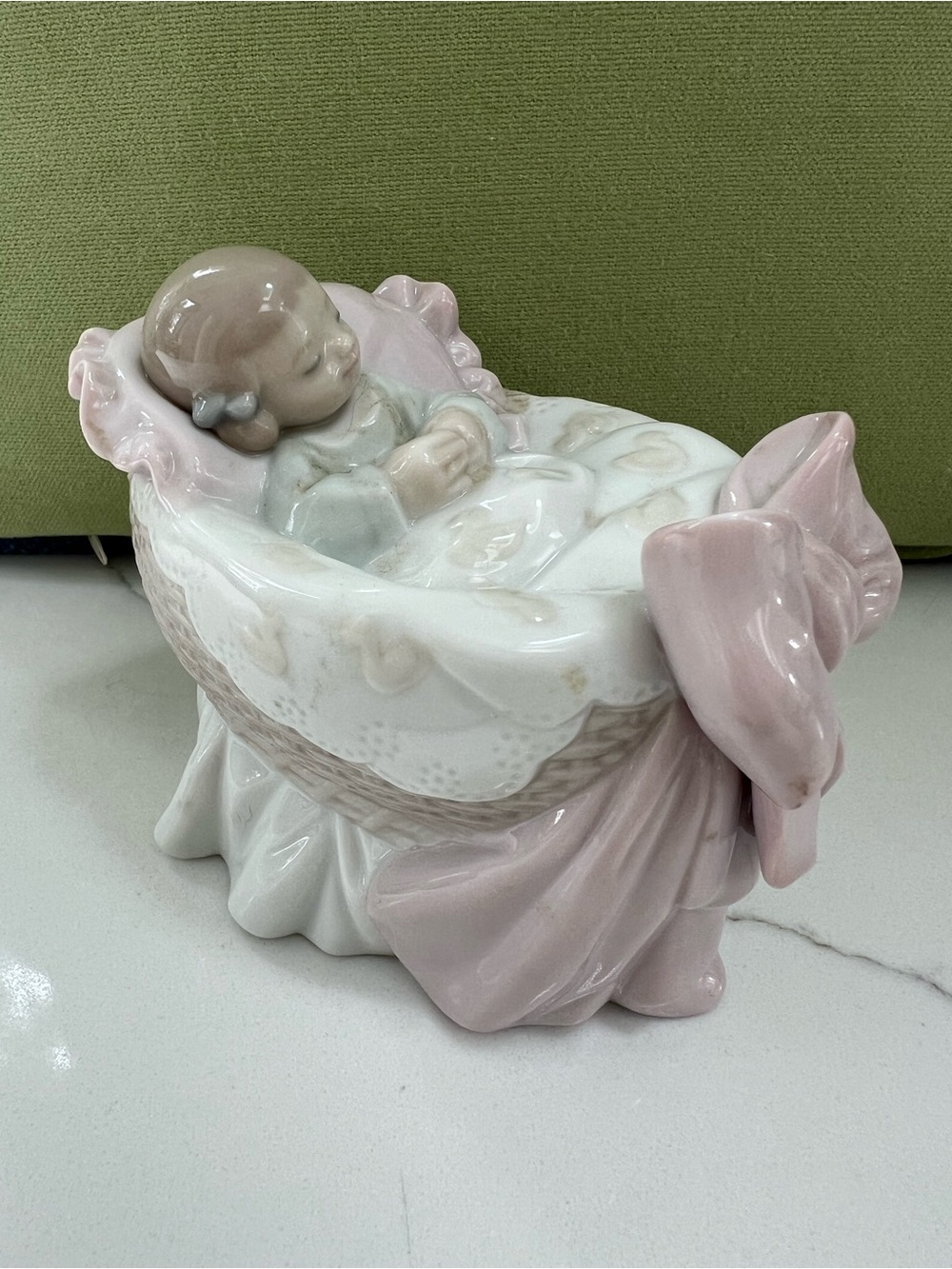 Lladro Pink and White Sleeping Baby Bassinet Figurine